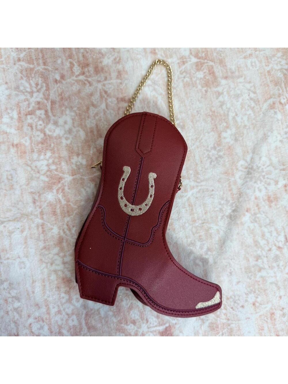 Deep cherry red cowboy boot mini handbag with western embroidered horseshoe